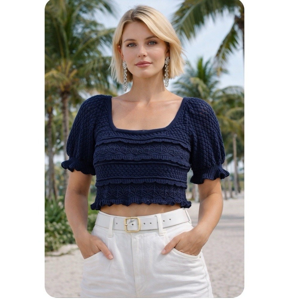 Bibi Blue Cable Knit Sweater Puff Sleeves Scalloped Bottom Midriff Y2K